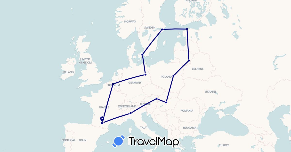 TravelMap itinerary: driving in Austria, Belgium, Germany, Denmark, Estonia, France, Hungary, Italy, Lithuania, Poland, Sweden (Europe)